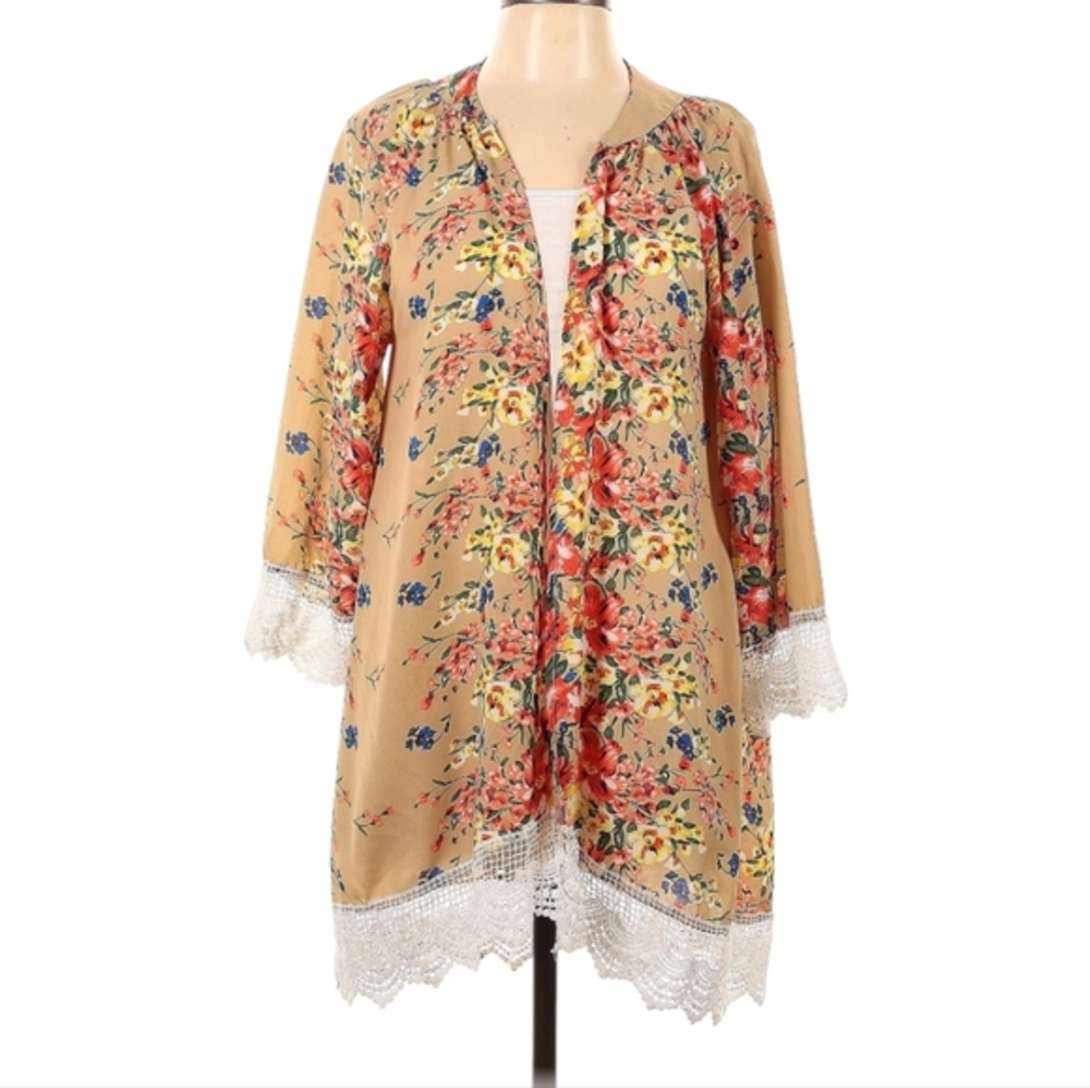 Relipop Floral Kimono Cardigan Tan Red Lace‎ Trim Boho Open Front 3/4 Sleeve